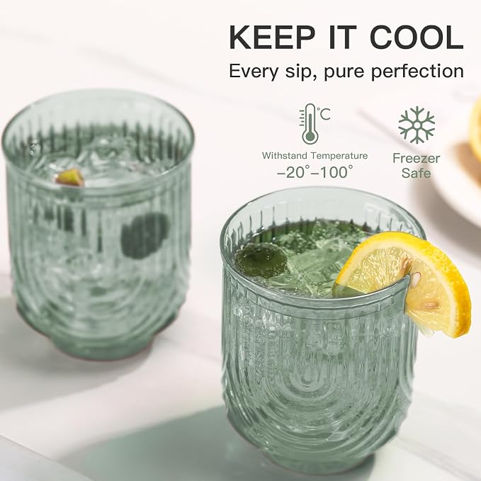 JOVGANK Green Vintage Glassware Set of 6-14Oz Green Water Drinking Glass, Art Deco Ripple Highball Glass, Whiskey Cocktail Glasses, for Bar Ice Coffee Juice, Housewarming Gifts Gift