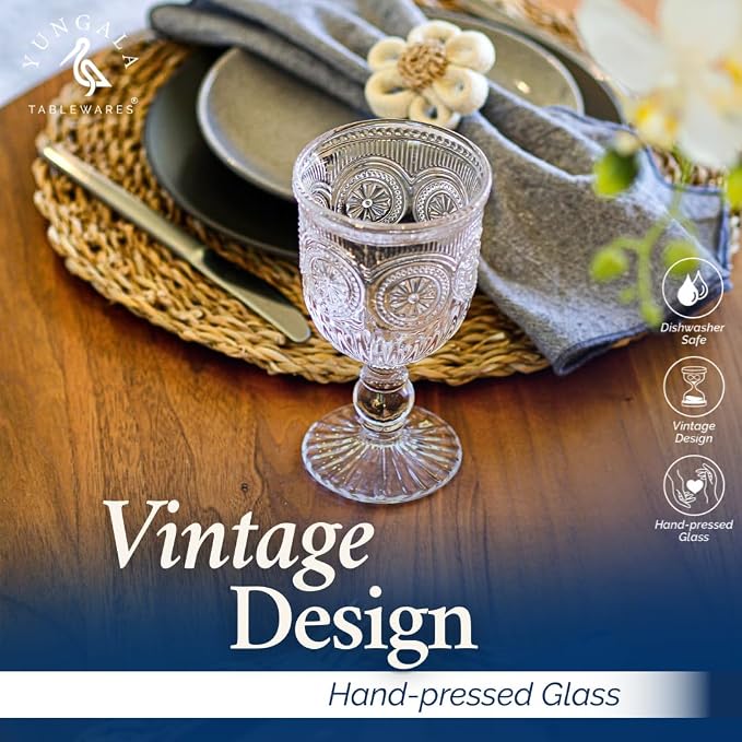 Vintage Wine Glasses,Set of 6 Glass Goblets for Water, Wine or Cocktails - Fancy Wine Glasses with a retro vibe. Sunflower Embossed Design on sturdy dishwasher-safe glasses.