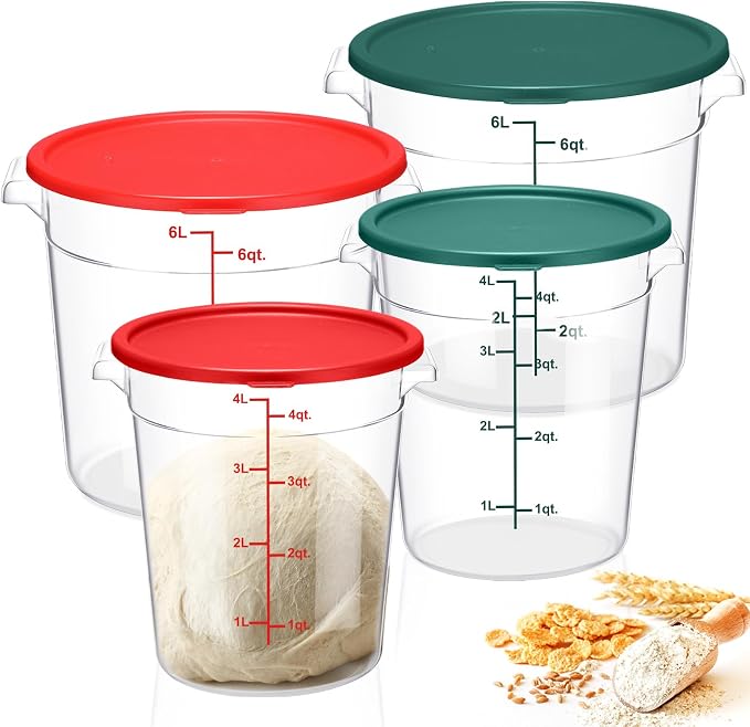Suclain 4 Set 6 Quart 4 Qt Round Food Storage Containers with Lids Clear Proofing Container for Dough Bread with Scale Handle Home Restaurant Commercial Food Storage (Red, Green)