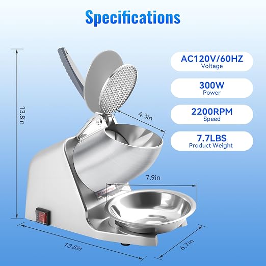 186 lbs/h Dual Blade Ice Shaver Machine, with Extra Blades & Ice Pick, 300W Electric Ice Crusher for Home Use & Commercial, Shaved Ice Machine, ETL-Listed, Silver
