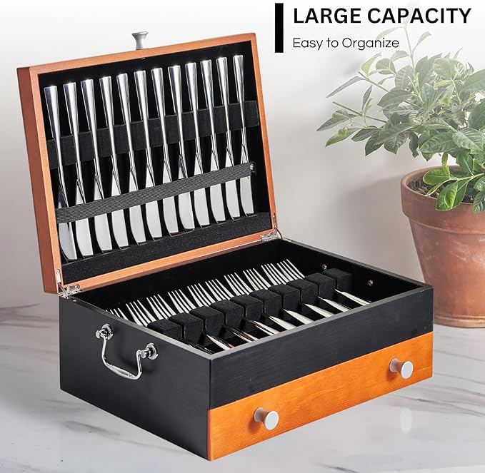 Silverware Storage Box, Wood Chest - without Cutlery - Tarnish Proof Felt Lined Storage Silver Chest, Store Sterling Silverware SilverTarnish Proof Flatware Hardware for 12 or 16 or more Utensil sets
