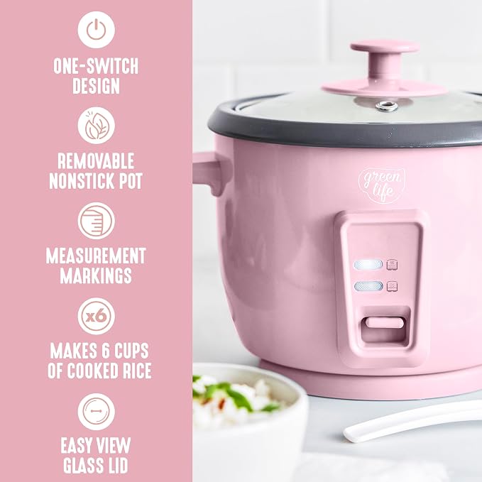 GreenLife Rice Cooker with Removable PFAS-Free Ceramic Nonstick Pot, 3-Cups Uncooked/6-Cups Cooked, Grains & Oatmeal Multicooker, Compact One-Switch Design, Auto Keep Warm, Easy Clean, Pink