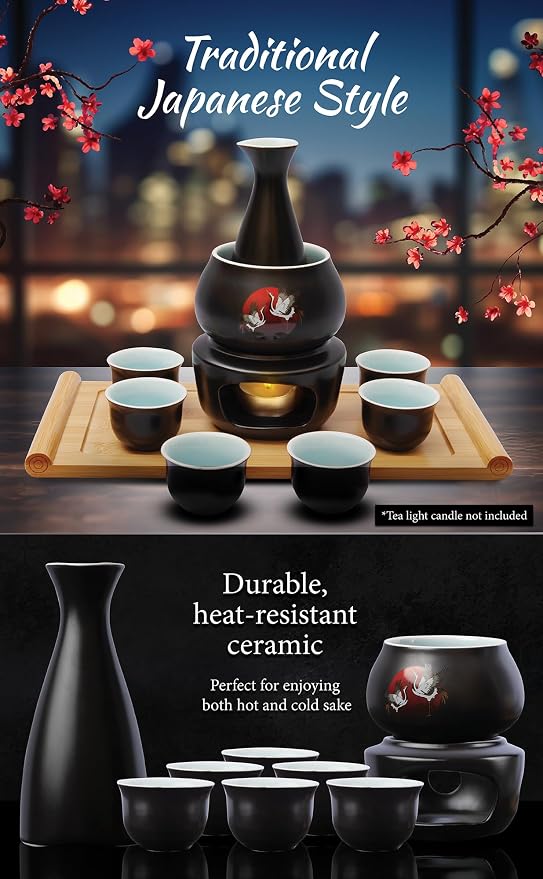 Japanese Sake Cup Set with 6 Ceramic Cups, 1 Ceramic Sake Bottle, 1 Ceramic Sake Warmer, Bamboo Tray, and Cloth Carrying Case | Perfect Hot Sake Set for Authentic Japanese Experience