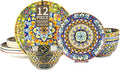 12-Piece Bohemian Floral Ceramic Dinnerware Set, Vibrant Mandala Floral Plates Bowls, Decorative Plates & Bowls, Microwave & Dishwasher Safe for Kitchen