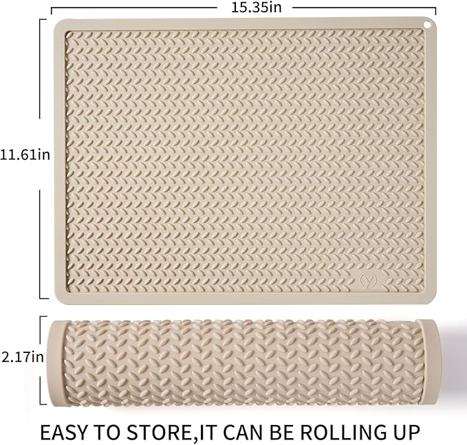 Silicone Drying Mat & Heat Resistant Mat for Kitchen Counter, Non-Slip Dishwasher Safe, Raised Edge for Dishes Bottles Sink (25.5x17.7in, Beige)