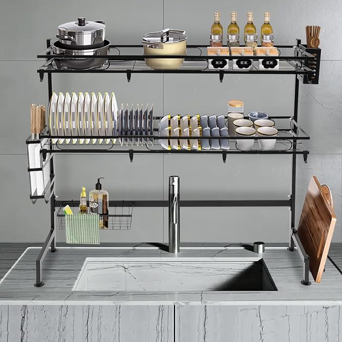Over The Sink Dish Drying Rack, 2-Tier Multifunctional Over The Sink Dish Rack, Large Storage Space Kitchen Dish Drying Rack for Storing Seasonings, Dishes, Chopsticks, Cutting Boards (32.3in)