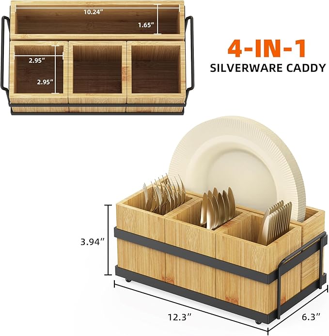 Silverware Caddy for Party, Silverware Holder with 4 Removable Compartments for Countertop Organizing Utensils, Paper Plates, Flatware, Wood Sevring Caddy