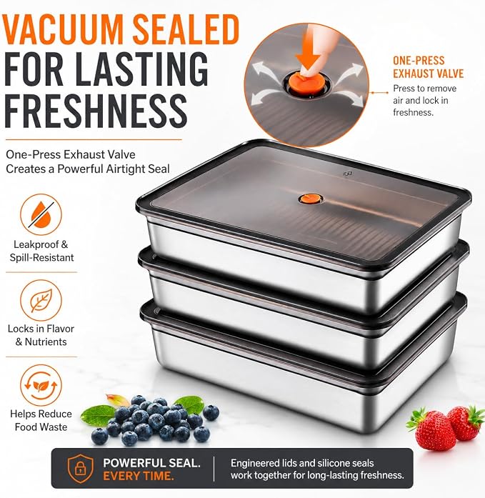 3-Pack Stainless Steel Food Storage Containers with Airtight Lids - Vacuum Seal Meal Prep Containers for Fridge Organization - Leakproof & Stackable Food Storage Set for Kitchen Freezer & Oven Safe