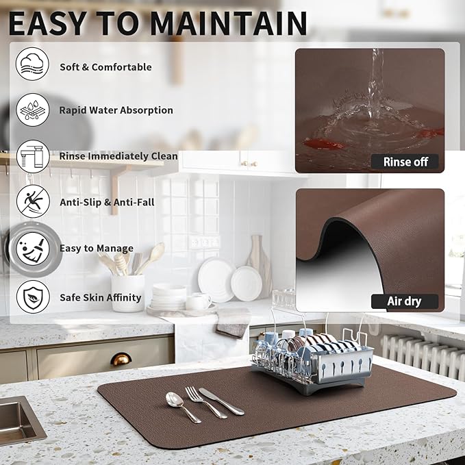 HotLive Dish Drying Mat for Kitchen Counter, Heat Resistant Drainer Mats with Non-slip Rubber Backed, Hide Stain Kitchen Super Absorbent Draining Mat, Easy to Clean Dish Rack Pad, Brown 18"x32"