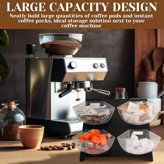 DoubleFill 15.5''x10''x 10.5'' Coffee Condiment Packet Organizer with 4 Removable Compartments Steel Coffee Caddy Station Creamer Sugar Tea Holder for Bar Countertop Office Kitchen Accessories(Black)