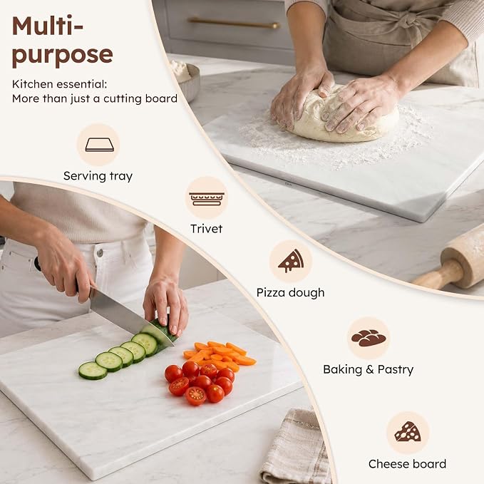 Diflart Natural Marble Stone Cutting Board for Kitchen, 16x20 Inch, White, Marble Slab Pastry Board Large with Non-Slip Feet for Baking, Cheese, Chocolate, Pack of 1 Piece