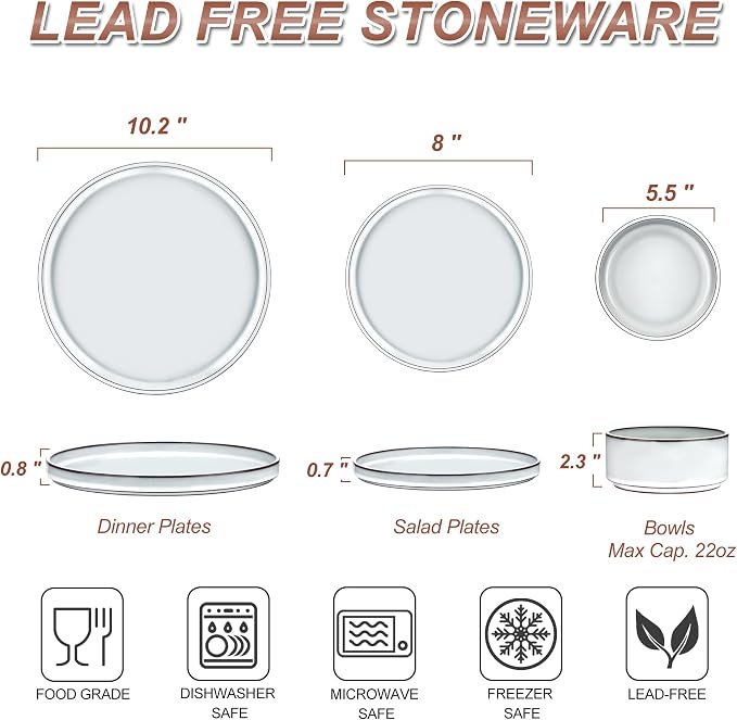 LIANYU Stoneware Dinnerware Dishes Sets for 4, 12 Piece Ceramic Plates and Bowls Dishware Set for Pasta Dessert Cereal, Rustic Terracotta Bottom, Microwave & Dishwasher Safe, Lucent White