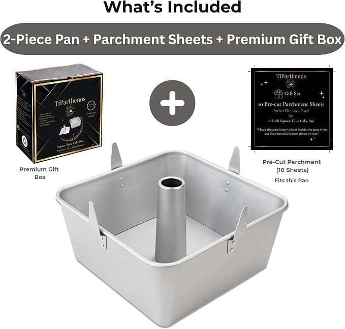 Square Tube Cake Pan, 18 Cup Recipes, 10 Inch Anodized Aluminum Angel Food, Chiffon & Pound Cake Pan, 2-piece system with Removable Bottom and Cooling Feet