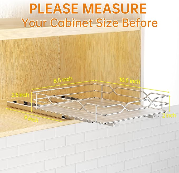 Pull Out Spice Rack Organizer for Cabinet, Slide Out Spice Organization for Cabinet Storage for Spices, Bottles & Jars, Sliding Spice Shelf for Narrow Kitchen Cabinets, Pantry, 8.5"W x 10.5"D x 2.5"H