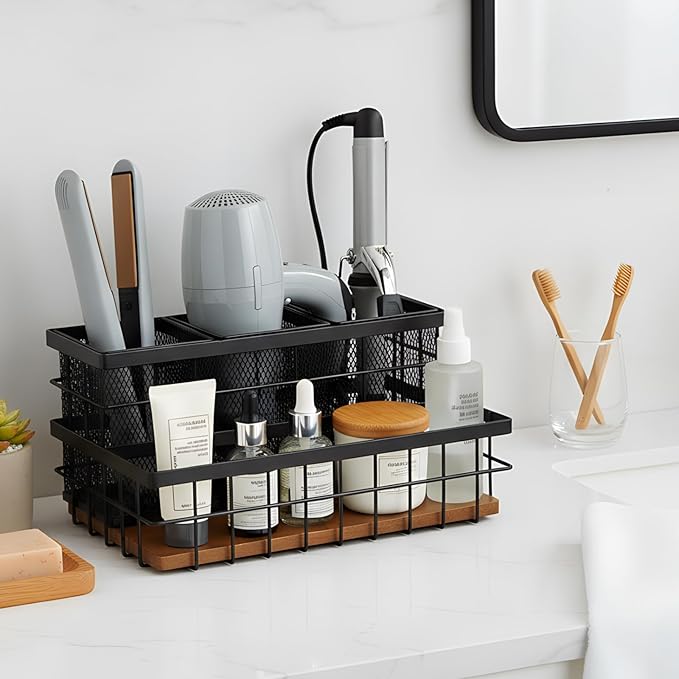 AceOrbit 1 Pcs 1pcs Hair Tool Organizer Countertop Breathable Metal Bamboo Hot Tools Vanity Organizer Under Sink Bathroom Hair Dryer Holder Countertop Brush Comb Holder Tray (Koa Wood,Black)
