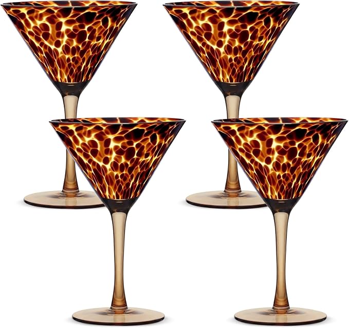 Honeydak Set of 4 Tortoise Leopard Print Martini 7oz Brown Rocks Glasses Stylish Stemless Cocktail Cups Tortoise Glassware Tumbler Ideal for Gin, Tequila, Vodka, Soft Drinks
