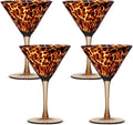 Honeydak Set of 4 Tortoise Leopard Print Martini 7oz Brown Rocks Glasses Stylish Stemless Cocktail Cups Tortoise Glassware Tumbler Ideal for Gin, Tequila, Vodka, Soft Drinks