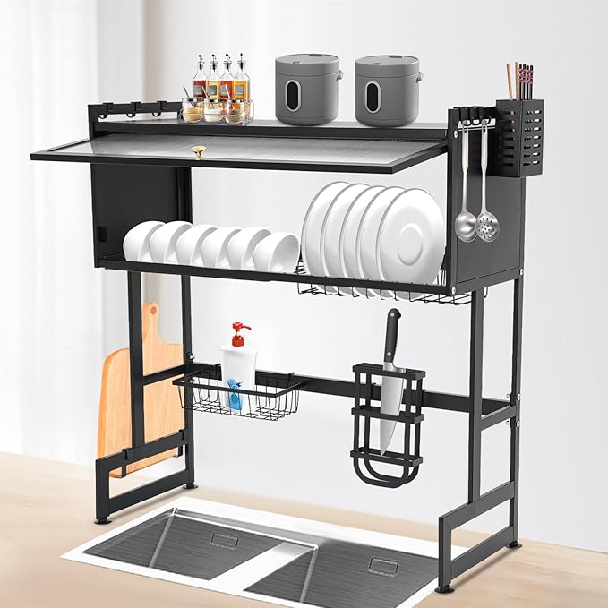 Over Sink Dish Drying Rack, Stainless Steel Dish Drainer Drying Rack Above Sink Storage Organization for Kitchen Sink Black