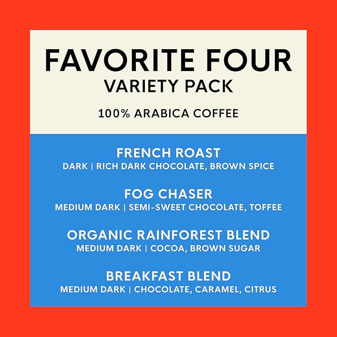 San Francisco Bay K-Cup Coffee Pods Favorite Four Variety Pack (120 ct), Includes French Roast, Fog Chaser, Organic Rainforest, & Breakfast Blend, Commercially Compostable Single-Serve Coffee Pods