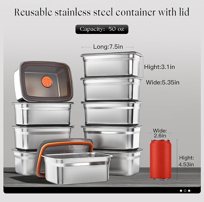 10 Pack Stainless Steel Food Storage Containers with Airtight Lids, 50 Oz Each - Stackable, Leakproof Kitchen/Freezer Meal Prep Containers (Dishwasher Safe)