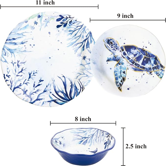 UPware 12 Piece Indigo Sea Life Melamine Dinnerware Sets, Outdoor Dishes Set, Plates and Bowls Sets, Service for 4, Blue