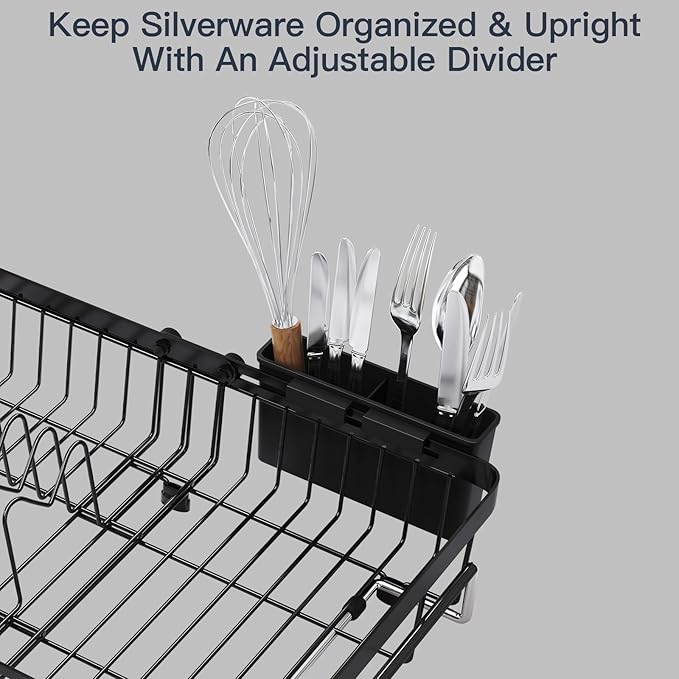 MAJALiS Dish Drying Rack Over The Sink with Utensil Holder, Mat | Expandable Stainless Steel Dish Drainer for Small Kitchen, Apartment, RV, Counter Space Saving, Perfect Fit, Rustproof