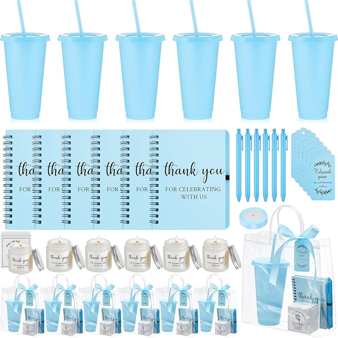Nuogo 6 Sets New Parent Shower Prizes for Player Winners Adult, Wedding Bridal Shower Gift, Plastic Tumbler Notebook Scented Candle Ballpoint Pen Bag (Blue Color,Classic Style)