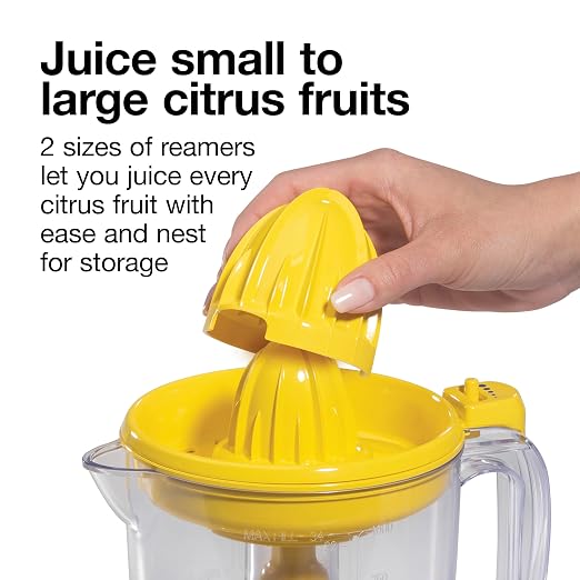 Proctor Silex Alex's Lemonade Stand 34 oz. Electric Citrus Juicer | Pressure Activated | 2 Reamers For Big and Small Fruit | Pulp Control | For Orange, Lemon, Grapefruit Juice | Yellow