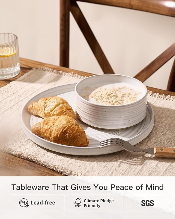 18-Piece Reactive Glaze Stoneware Dinnerware Sets for 6 - High Edge Plates and Bowls with Speckles & Spirals - Chip & Scratch Resistant, Microwave & Dishwasher Safe - Gift Box, White