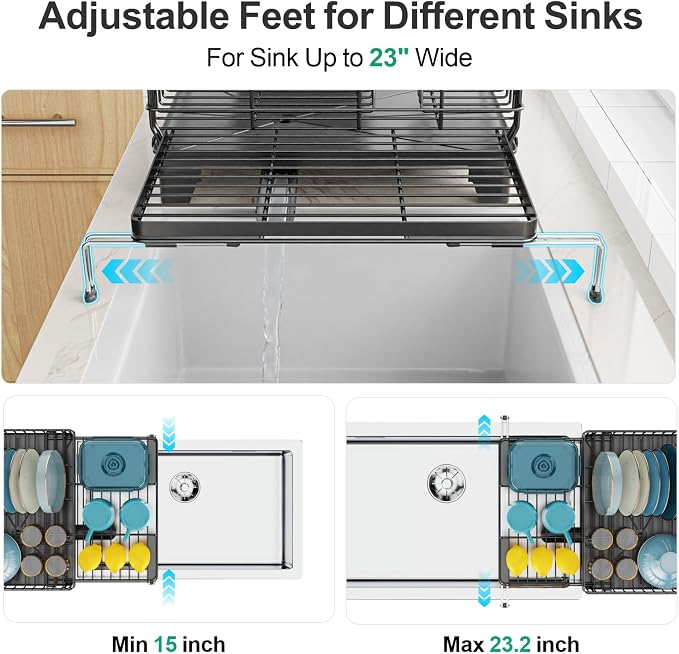 GSlife 2 in Set Dish Extendable Drying Rack and Sink Caddy - Expandable 2-in-1 Dish Drying Rack with Drain Spout and Large Sponge Holder for Kitchen Sink, Bundle Sales