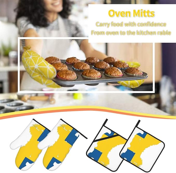 Swedish Flag Map Print Oven Mitts and Pot Holders Set,for Kitchen Baking Cooking,BBQ Outdoor Use