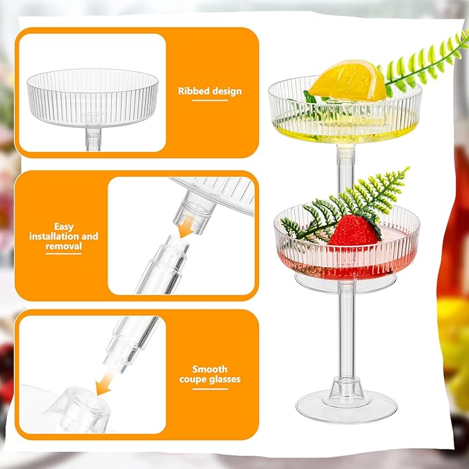 12 Pcs Ribbed Martini Glasses 5 oz Disposable Plastic Vintage Ribbed Coupe Glasses Cocktail Unbreakable Dessert Parfait Glassware for Wedding Party Supplies (Clear)
