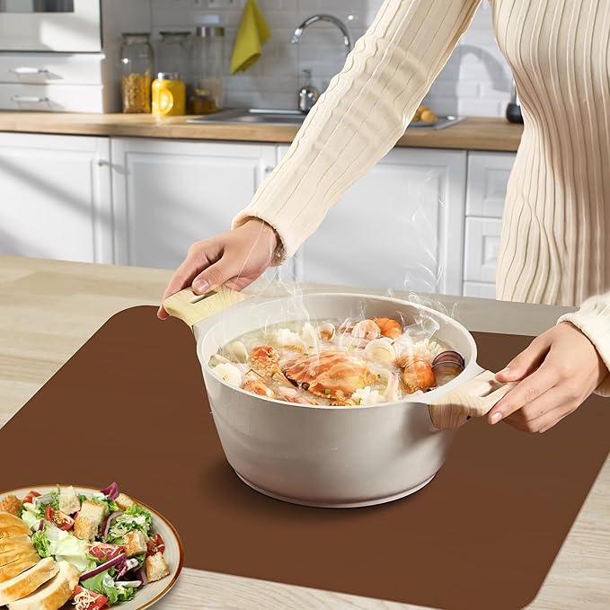 Silicone Mat for Kitchen Counter, Silicone Mat Trimable to Size (Brown, 15.7×11.8inch-4pcs), BPA-Free Silicone Placemat, Heat-Resistant NonSlip Table Mat for Air Fryer, Countertop Protector Mat