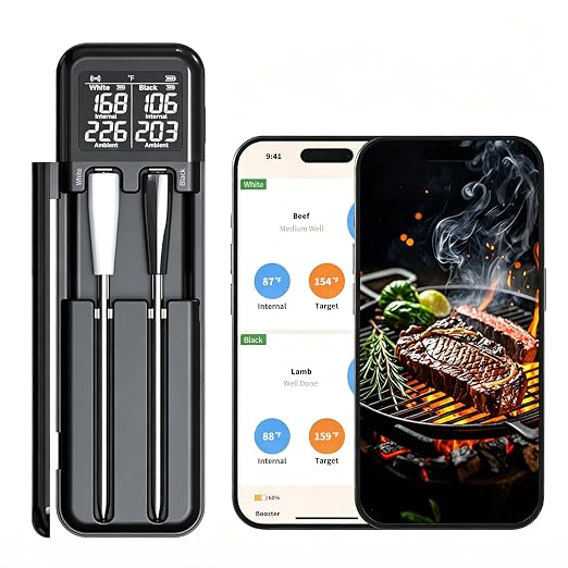 Smart Wireless Meat Thermometer for Grilling, Dual Probe Bluetooth BBQ Thermometer with 2 Probes Instant Read LCD & App Control for Smoker, Grill, Oven, Kitchen, Air Fryer Fathers Day Gift for Dad Men