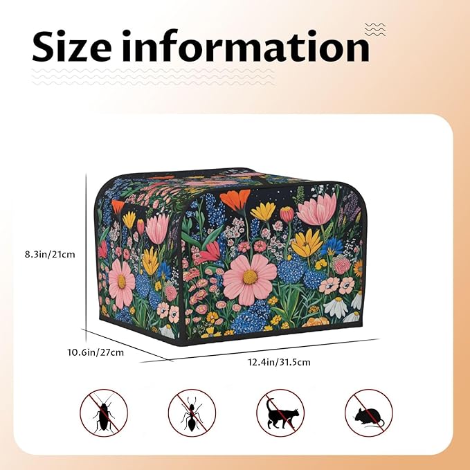 4 Slice Toaster Cover for Kitchen Wildflower Art Floral Black aterproof and Dustproof Toaster Dust Cover with Side Pockets Decorative Universal Cover for Wide Slot Toasters and Small Appliances