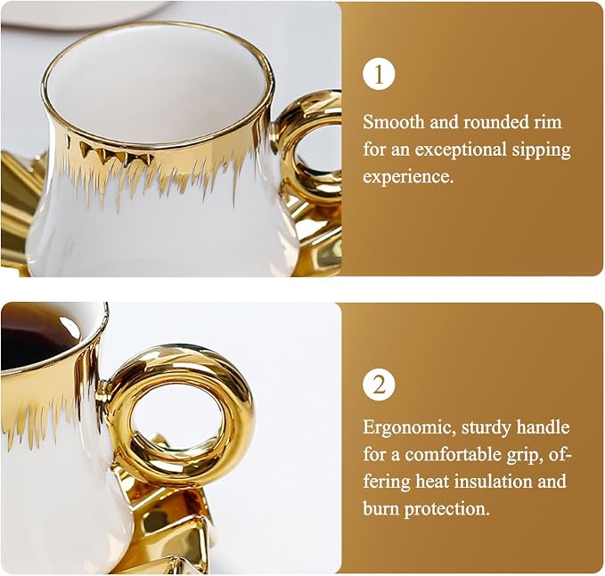 3.5oz Ceramic Turkish Coffee Cup Set of 6, Porcelain Espresso Cups and Saucers British Italian Cappuccino Cups with Gold Trim for Double Espresso Cappuccino Latte Mocha Tea (White)