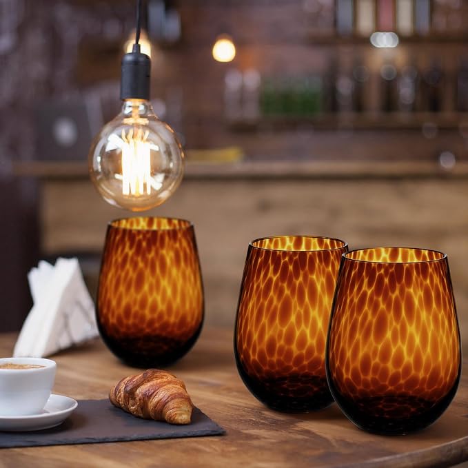 Honeydak Set of 6 Tortoise Leopard Print Brown 16oz Rocks Glasses Stylish Stemless Cocktail Cups Glass Glassware Tumbler Ideal for Gin, Tequila, Vodka, Soft Drinks