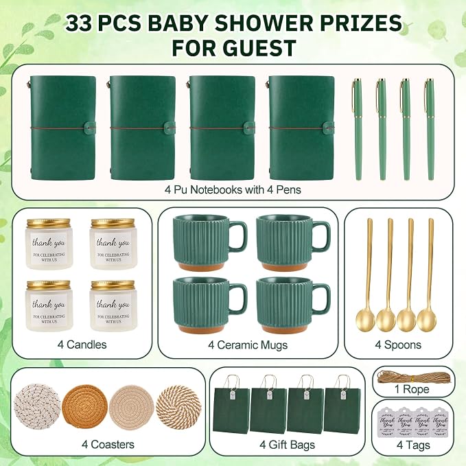 Baby Shower Prizes for Game Winners Baby Shower Games Prizes Ceramic Mugs with Metal Spoons Woven Coasters Notebooks Scented Candles Gift Bags Wedding Bridal Shower Favors for Guests (4, Green)