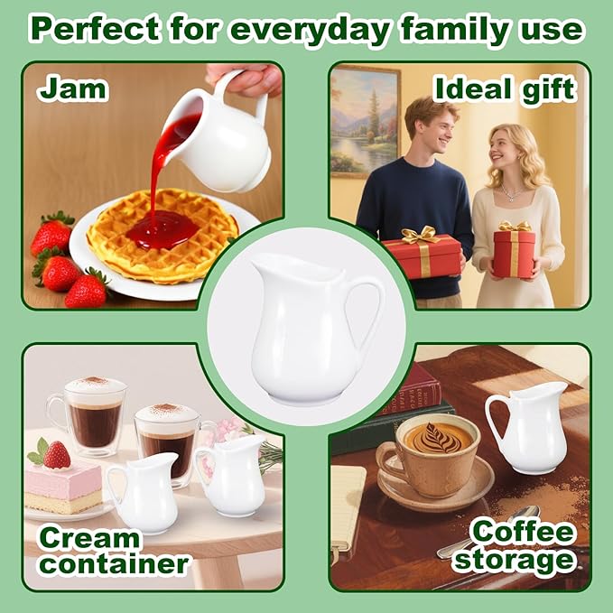 16 Pcs 4.5 oz Small Creamer Milk Pitcher with Handle Classic Porcelain Maple Syrup Container White Ceramic Dairy Dispenser for Microwave Coffee Salad Sauce