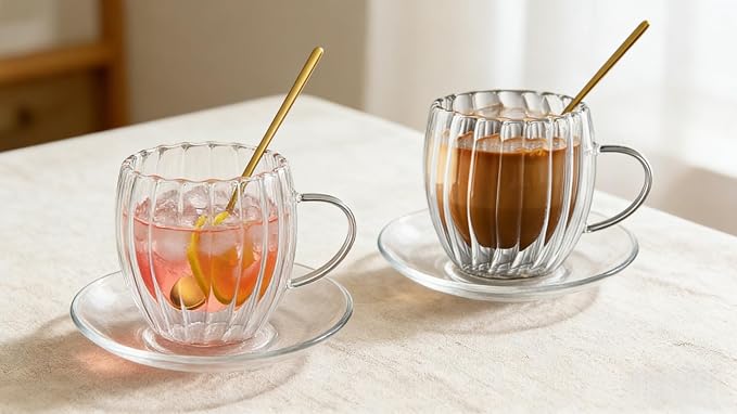 Double Wall Glass Coffee Mugs, 8.5oz/260ml, Clear, 2 Pack | Pumpkin Shaped Tumblers With Saucer and Spoon, For Cappuccino, Latte, Hot and Cold Drinks