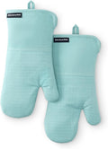 KITCHENAID Gourmet Series Gridlines Oven Mitts 2-Pack Set, Heat Resistant up to 600°F, Soft Silicone Grip, Magnetic Cuff, Mineral Water Aqua, 7"x14"