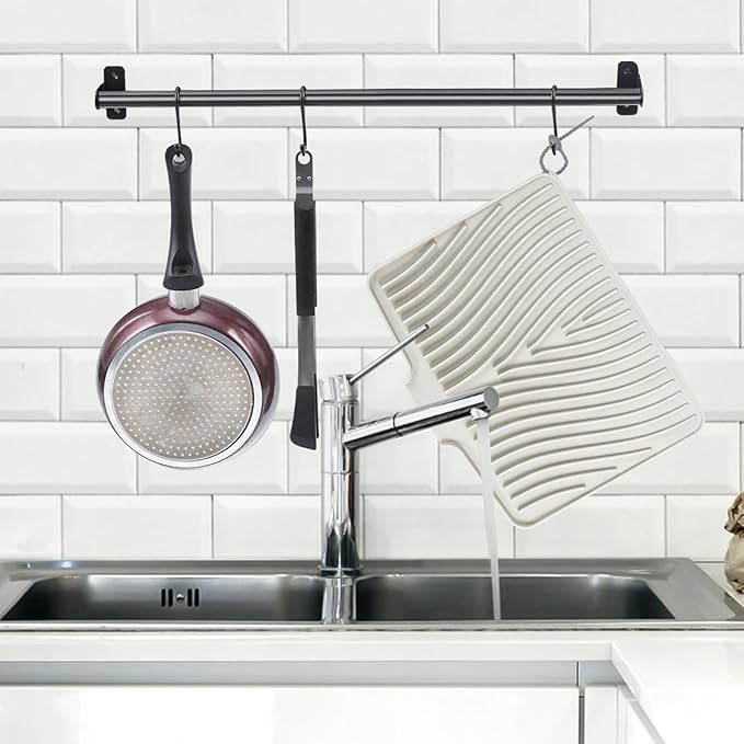 TIKNIK Silicone Dish Drying Mat, Stone Drying Mat for Kitchen Counter with Built-In Drain, Non-Slip Drain Pad with Built-in Drain, Heat Resistant Stone Drying Mat, Hangable, Cream-2pcs, 16" x 12"
