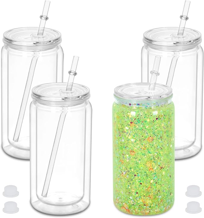 16 oz Plastic Snow Globe Tumbler, 4 Pack Double Wall Snowglobe Tumbler with Pre Drilled Hole, Plastic Mason Jar Cups Can for Snow Globe Glitter DIY (Clear)