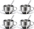 Okllen 4 Pack Stainless Steel Coffee Cup Set, 6 Oz Coffee Mugs with Spoon and Saucer, Double Walled Espresso Cups Mugs for Coffee, Latte,Tea, Milk