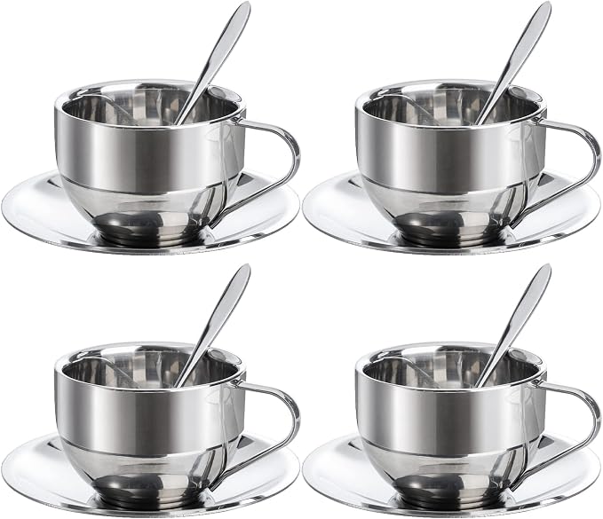 Okllen 4 Pack Stainless Steel Coffee Cup Set, 6 Oz Coffee Mugs with Spoon and Saucer, Double Walled Espresso Cups Mugs for Coffee, Latte,Tea, Milk
