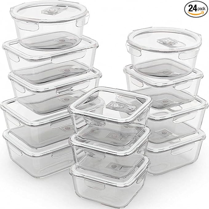 Razab 24 Pc Airtight Glass Food Storage Containers - Glass Meal Prep Containers - Freezer to Oven Safe - Steam Release Valve BPA Free - Airtight Bento Boxes - Leak Proof (12 lids & 12 Containers)