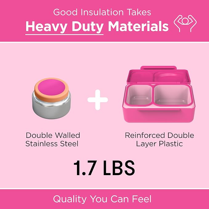 Omie OmieBox UP bento Box for Kids | Insulated Lunch Box | Leak Proof Vacuum Insulated Thermal Food jar | Cooler ice Pack | 2 Compartments (Pop Pink)