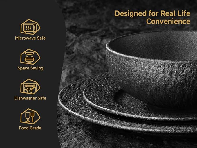 KINGSTONE Dinnerware Sets, 18-Piece Premium Porcelain dishes set, Matte Marble Pattern Plates and Bowls Sets for 6, Place Setting with Dinner Plate, Salad Plate, Pasta Bowl (Black)