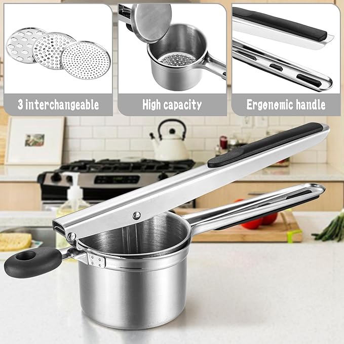 Potato Ricer Heavy Duty Stainless Steel Potato Masher with 3 Interchangeable Discs, Large Masher and Ricer Kitchen Tool for Mashed Potatoes, Spaetzle Noodle Maker, Potato Press