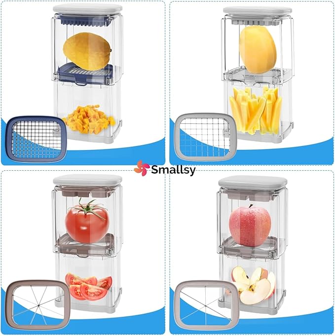 4-in-1 French Fry Cutter, Vegetable Chopper, Manual Potato Cutter for Fries, Food Dicer Chop Box, Onion Cutter Apple Slicer with 4 Stainless Steel Blades, ABS Plastic Material for Kitchen